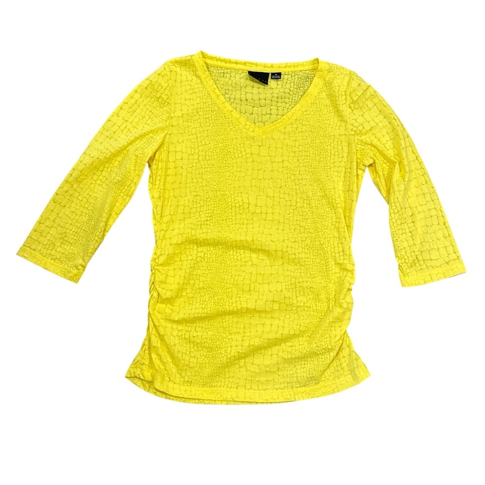 Tribal Bright Yellow Burnout Textured V-Neck 3/4 Sleeve Top Cinched Waist